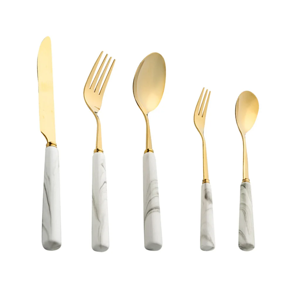 

5Pcs Stainless Steel Flatware Set Marble Design Rust Resistant Cutlery for Home Restaurant Spoon Fork Kit Dinner Forks