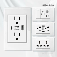 Toma de corriente con interruptor de pared estadounidense con cargador rápido USB tipo c, toma de corriente de vidrio templado blanco americano de México, Panel de interruptor de luz