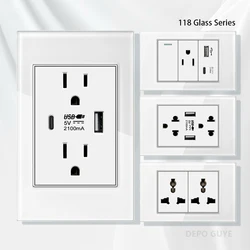 US Wall Switch Power Socket with USB Type-c Quick Charger,American Mexico White Tempered Glass Plug Outlet,Light Switch Panel