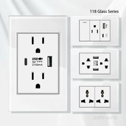 US Wall Switch Power Socket with USB Type-c Quick Charger,American Mexico White Tempered Glass Plug Outlet,Light Switch Panel