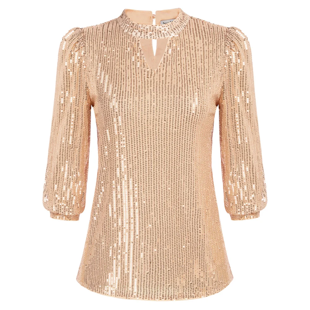 

Women Sequined Top 3/4 Sleeve T-shirts Party Club Wear Shiny Clothes Stage Performance Costume Female Front Hollow Out Pullover