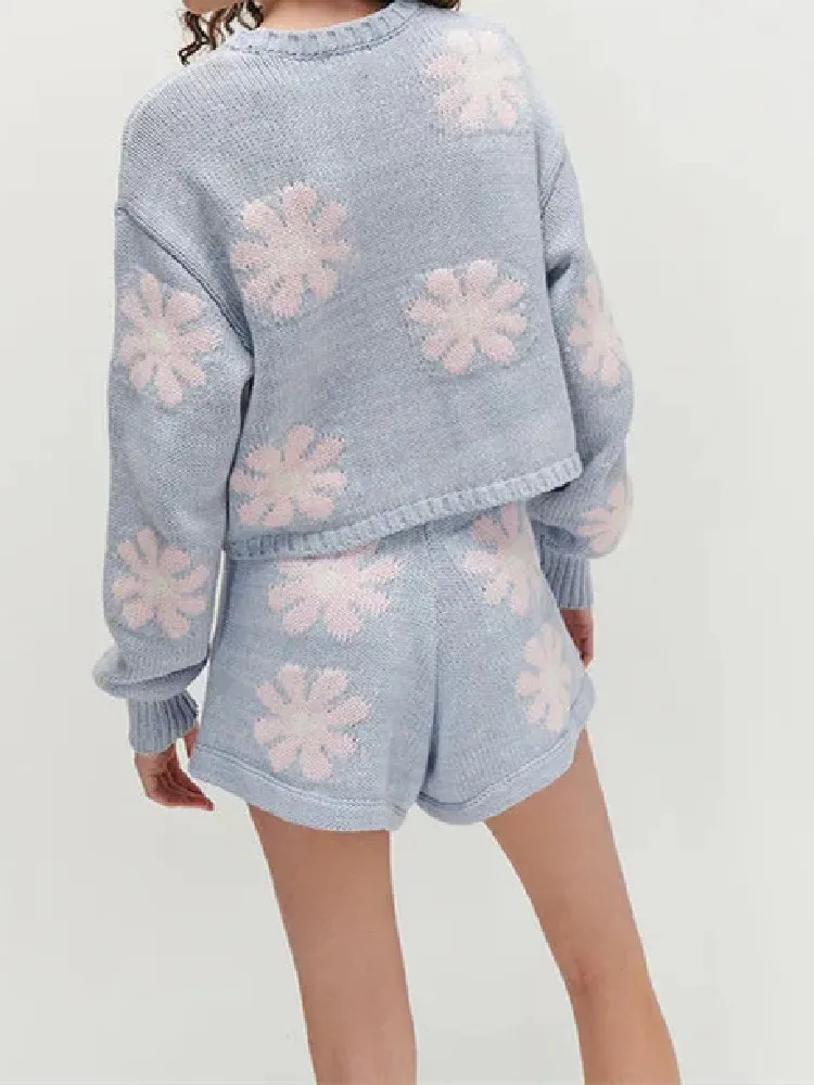 Autumn Light Blue with Pink Flower Knitted Full Sleeve Pullover Sweater Adjustable Lacing up High Waist Mini Shorts 1 Set