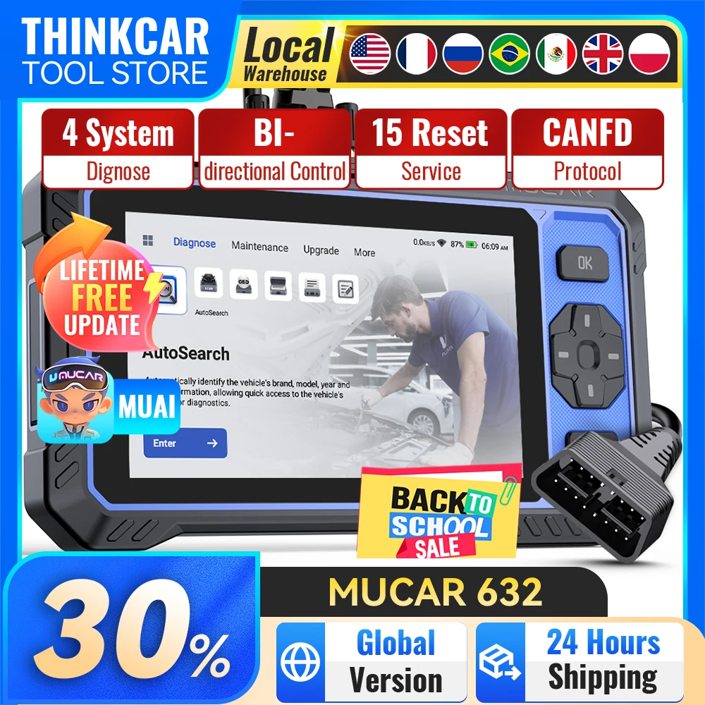 MUCAR 632 Diagnostic Tools 4 System AI OBD2 Scanner 15 Reset Lifetime Free Update CANFD BI-Directional Control Car Scan Tools