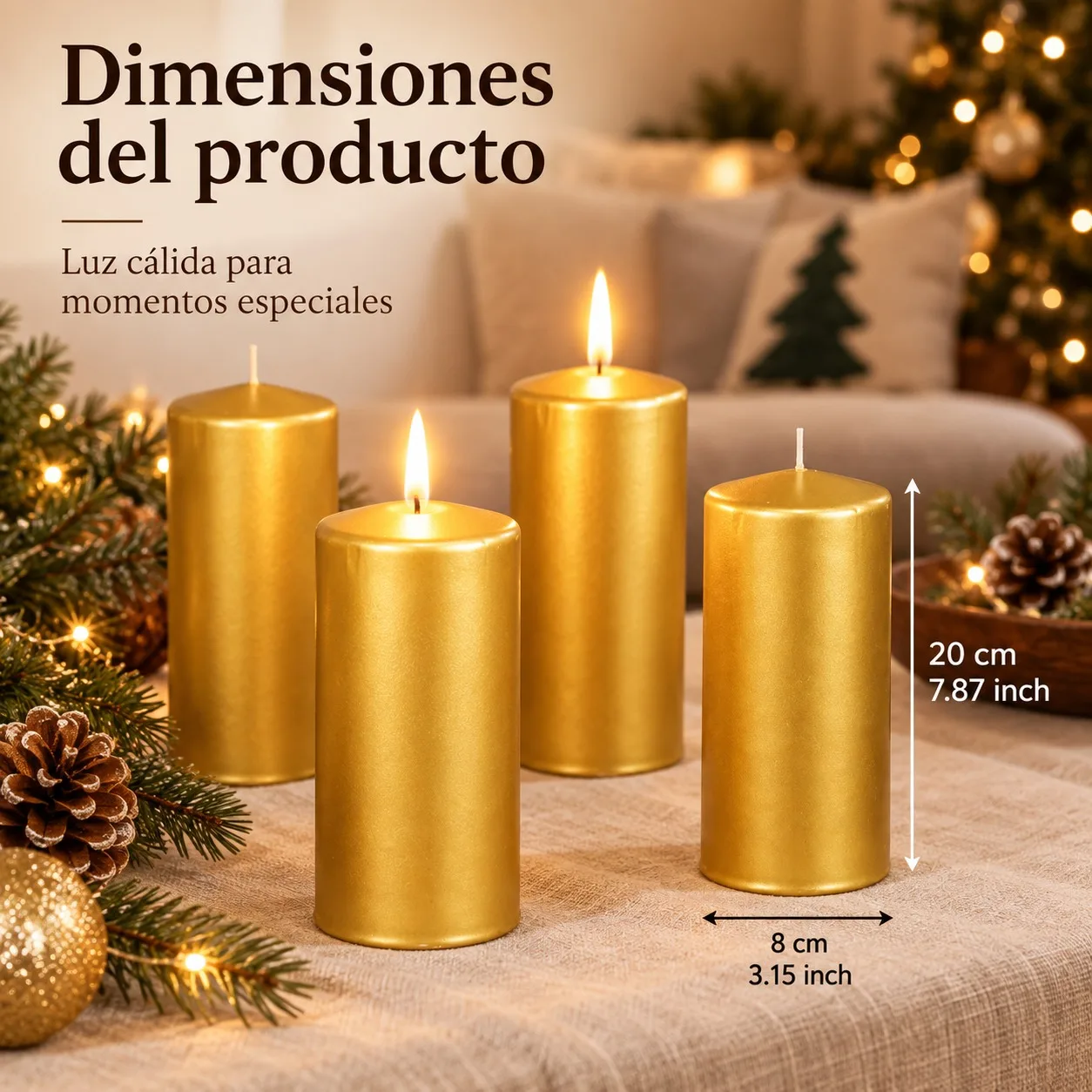 Ensemble de 4 bougies dorées en forme de pilier, 20x8 cm, bougies parfumées à la paraffine pour la décoration de table, les mariages et les événements, éclairage élégant pour la maison et les dîners spéciaux