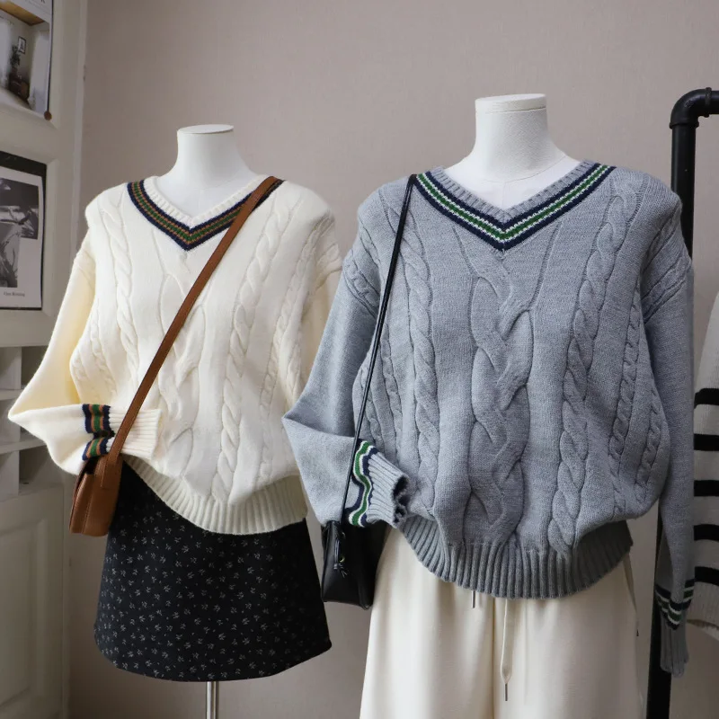 

Loose Knitted Sweater Women's Autumn Winter Soft Thiened V-Ne Tassel Twist Yarn Sweater Comfortable Casual Sle Top