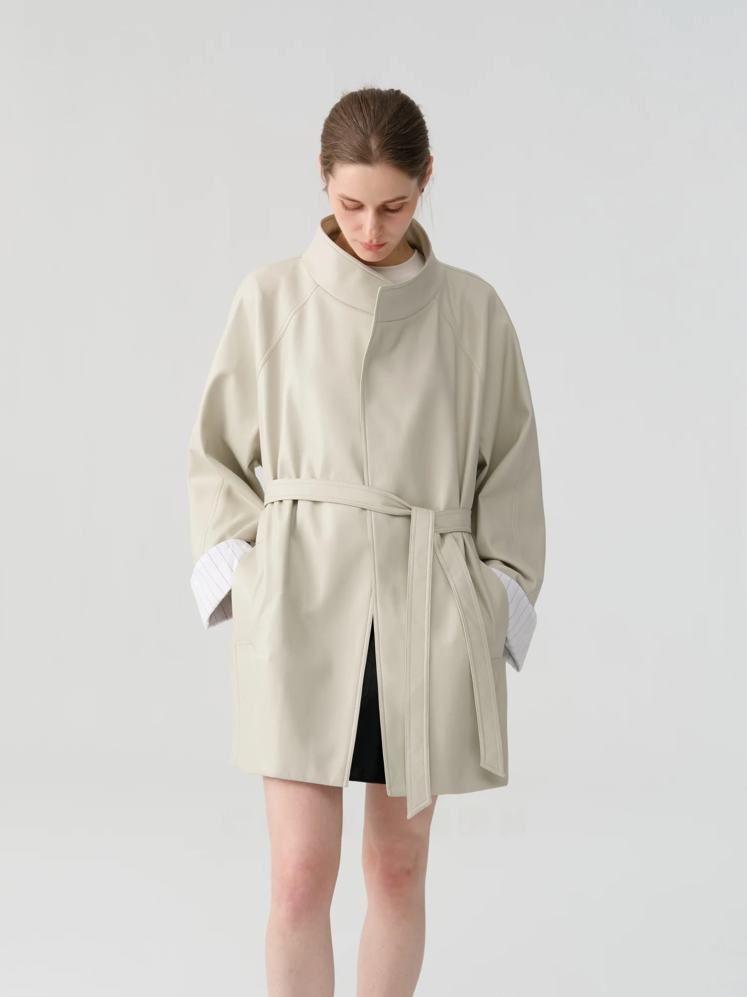 Camon 春秋 レディース ルーズスリーブ パッチワーク 環境に優しいレザージャケット ベルト付き カジュアル 長袖 スタンドカラー