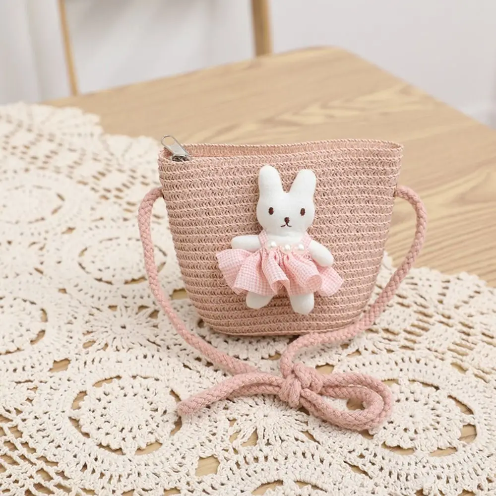 Cartoon Bunny Mini Straw Bag Summer Beach Zipper Handmade Woven Kid Messenger Bags Coin Purse Photo Props Crossbody Handbag