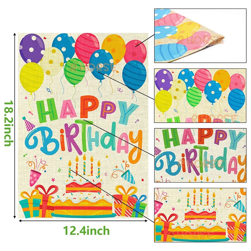 Happy Birthday Garden Flag Burlap Birthday Cake Banner Vertical Double Sided Reusable Decoration Backyard Lawn Signs for Kids