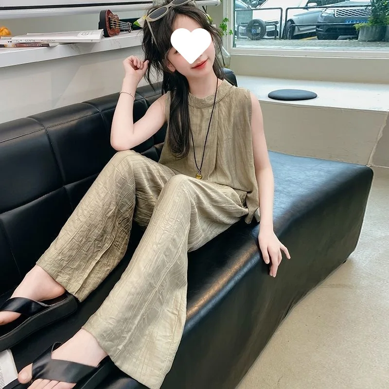 

2026 Summer Girls Fashion Trendy Set Korean Style Wide Leg Pants+Loose Backless Tank Tops For Teen Kids