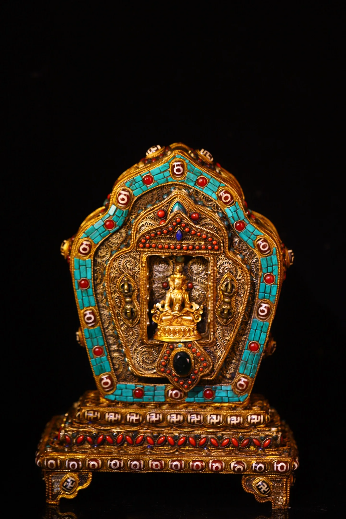 

12"Tibetan Silver Gilded Filigree Mosaic Gem gZi Beads Turquoise Amitayus Sitting Buddha Terrace Buddhist Niche Worship Hall