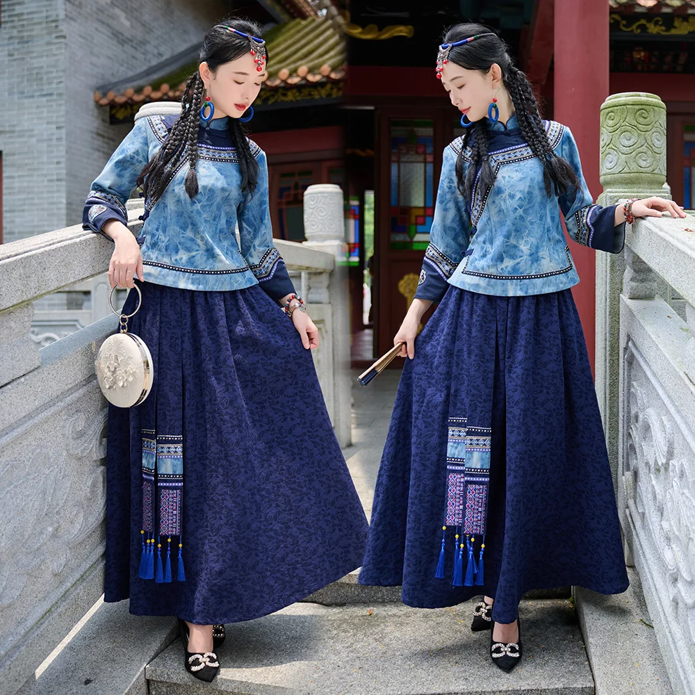 

Новый китайский комплект из хлопка и льна из двух предметов с дизайнерскими вставками, юбка-миди для женщин, осень-зима, большие размеры, модный стиль