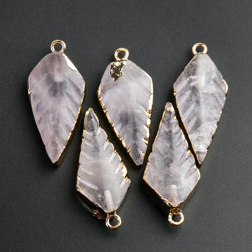 40MM Natural Pink Crystal Rose Quartz Arrowhead Foliage Metal Trim Necklace Pendant Leaf Dangle Charm Amulet Woman Jewelry Parts