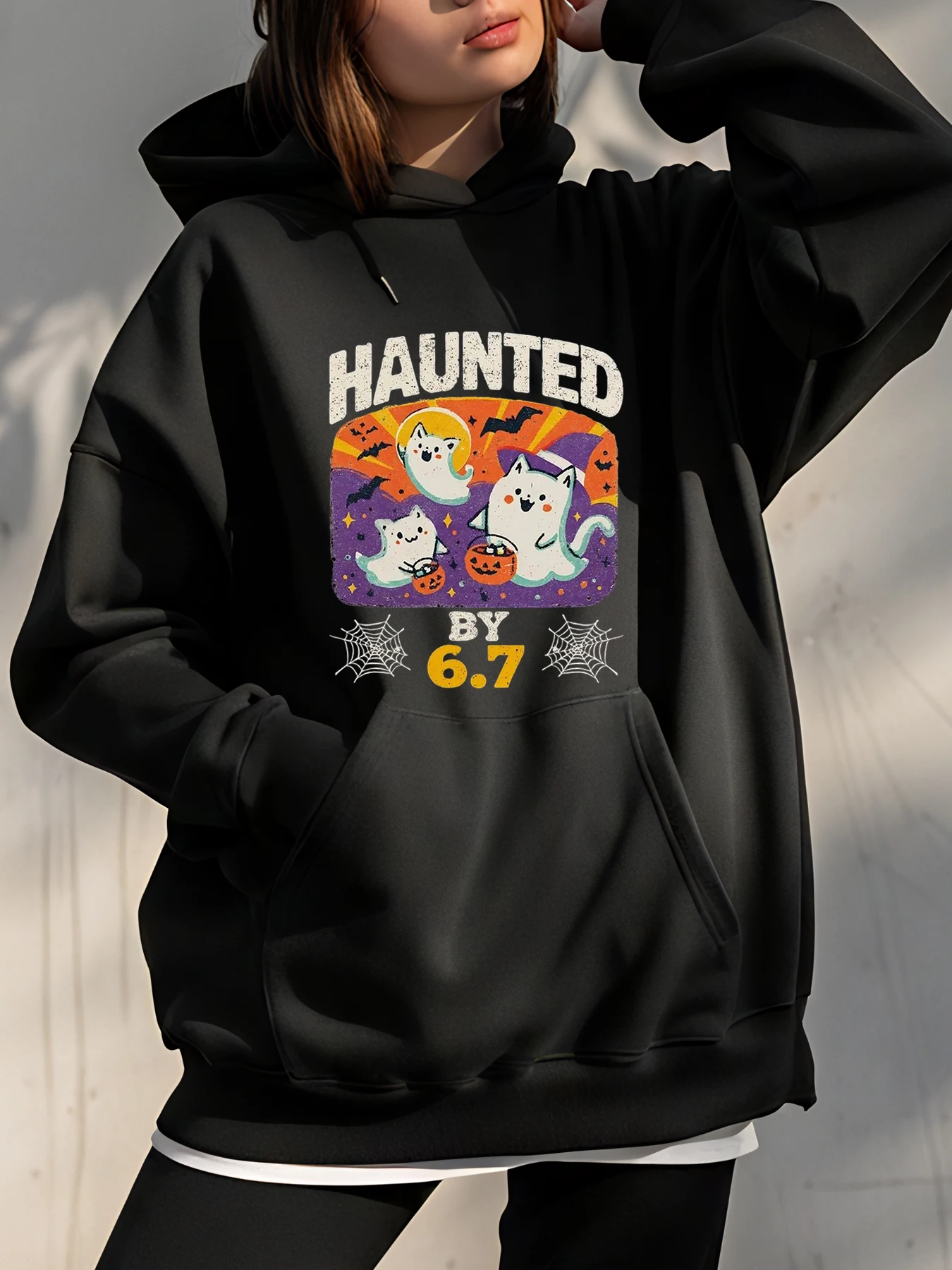 

Толстовка с капюшоном на Хэллоуин, призрачный кот, черная толстовка с принтом, женская повседневная осенне-зимняя верхняя одежда