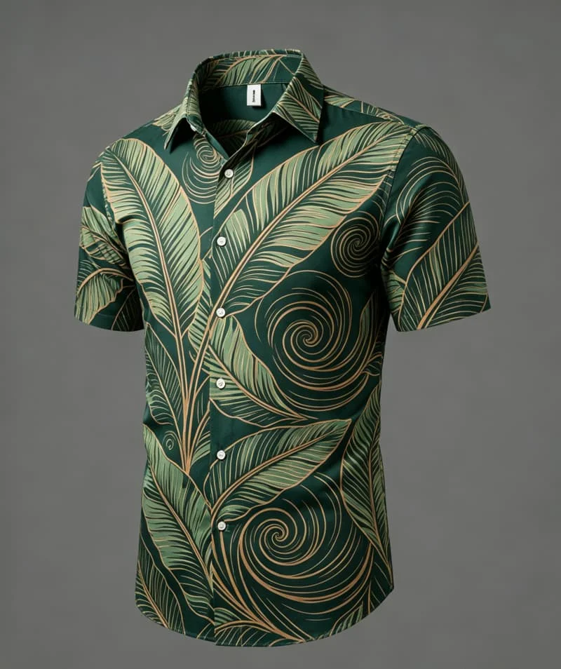 Men's Tropical Line Art Printed Short Sleeved shirt, Suitable For Summer Casual wear, Beach travel, And Versatile Exotic Styles