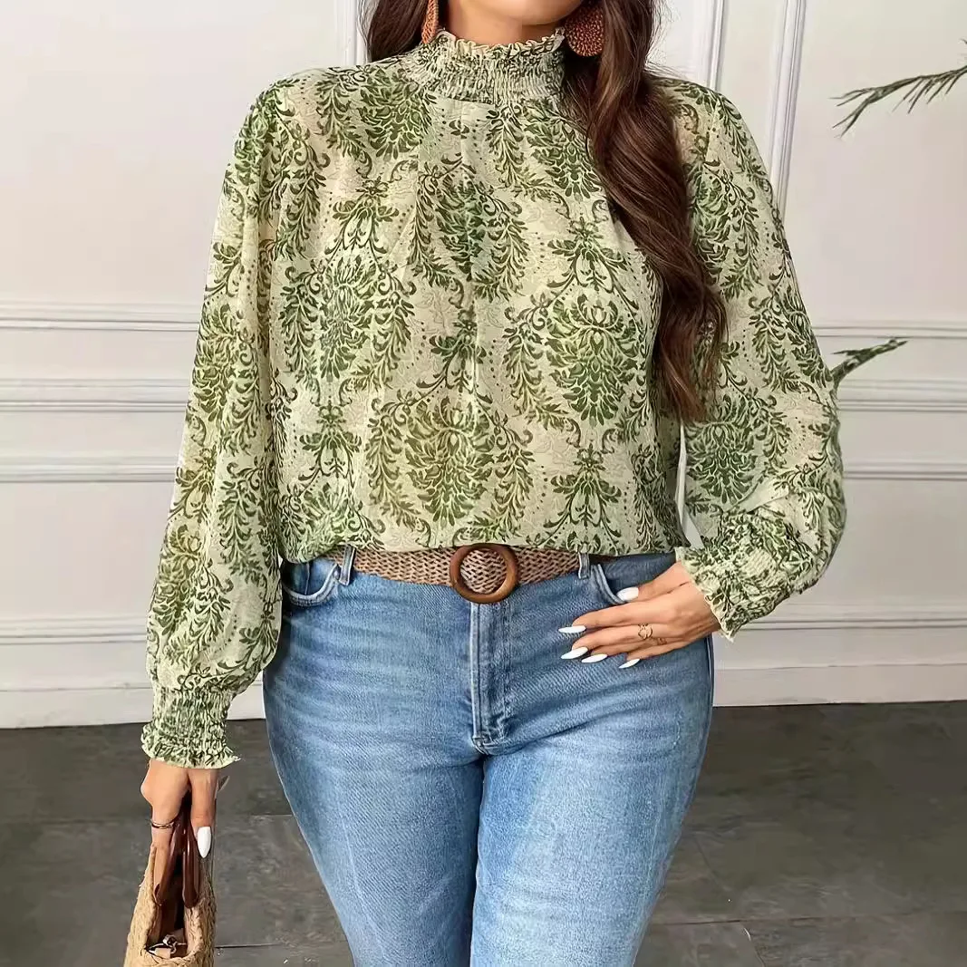 Plus Size Long Sleeve Retro Floral Shirt Loose Green Women Oversized Shirts for Women Autumn Spring Winter