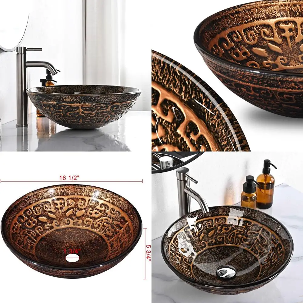 

Round Antique-Style Tempered Glass Sink Bowl for Above Counter Installation, Arts & Crafts Design