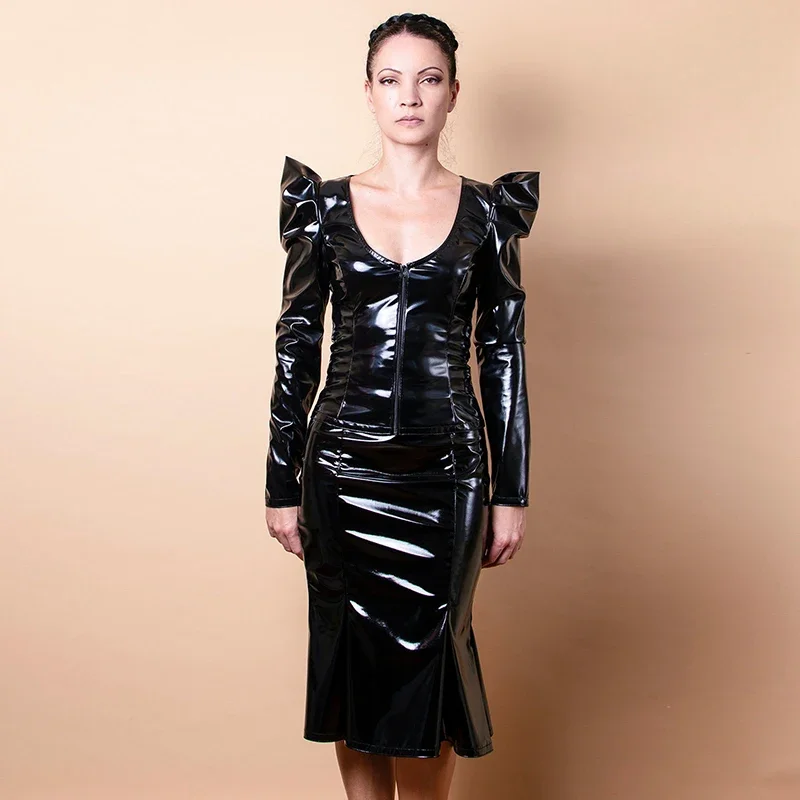 Women's Casual Slim Low Cut PU Skirt Set Faux Latex New Long Sleeve Fold Shirt Faux Leather Skirts Sets Support Custom