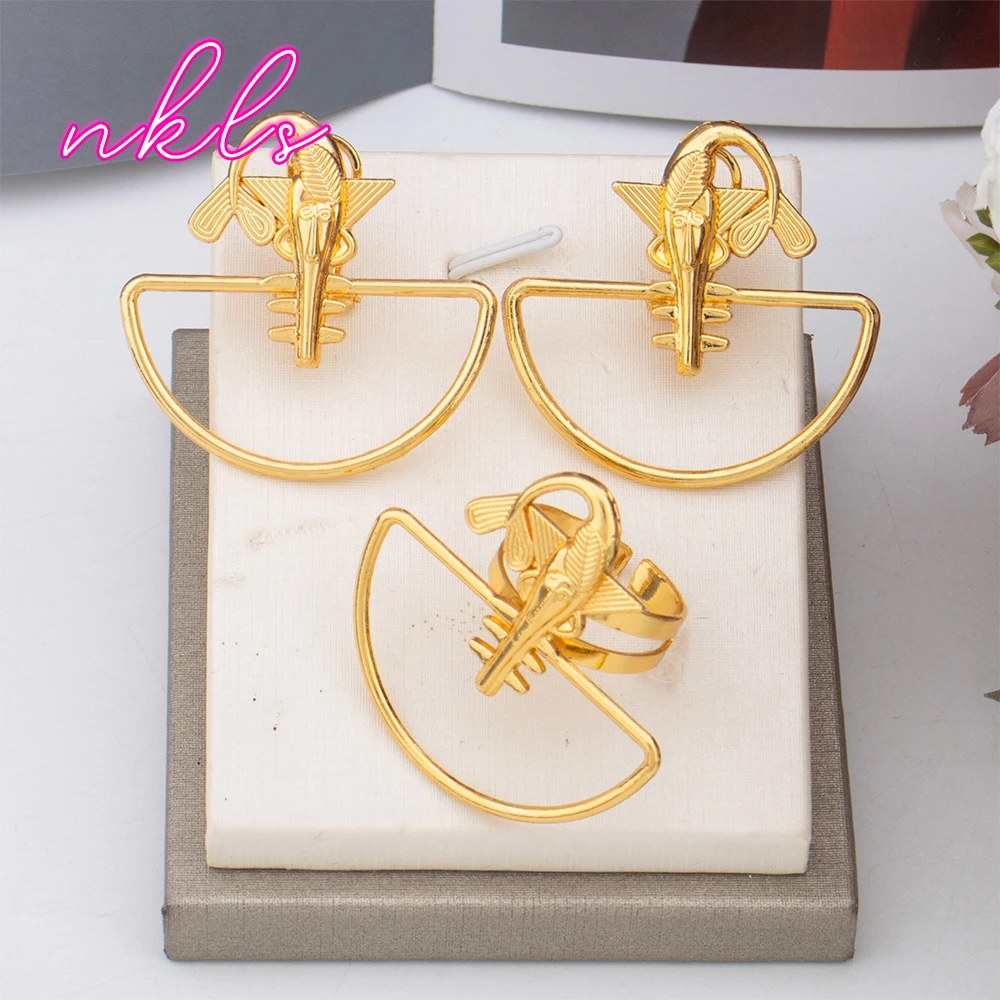 

2024 Trend Jewelry Luxury Women Clip Earrings Ring Set Ethiopian African Fashion Copper Jewelry Set Daily Wear Party Jewellery