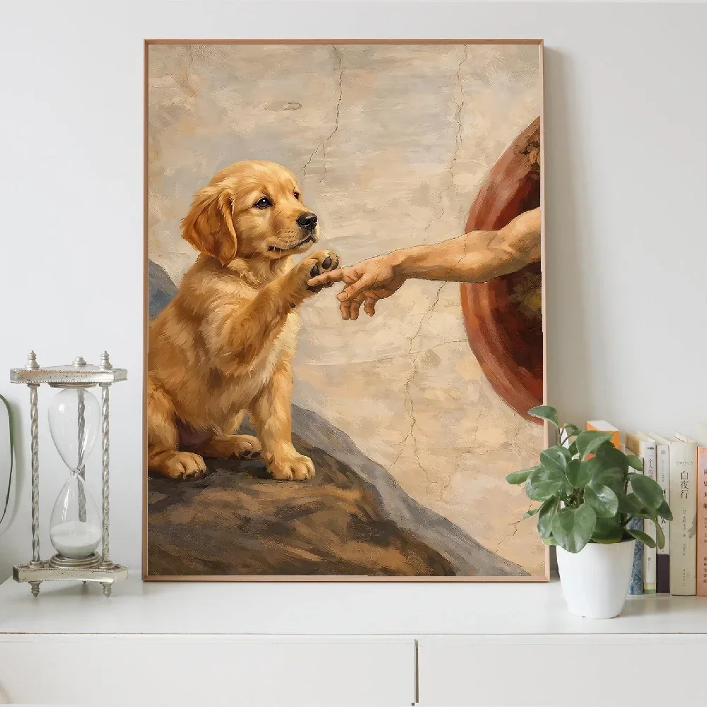 Frameless Canvas PaintingGod Hand Cat And Dog Prank Wall Decorations Cat Licking Finger Canvas Painting Wall Art Poster Picture
