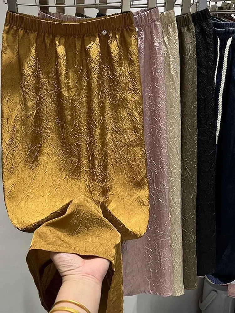 

High Waist A-Line Skirt Women's plus Size Satin Texture Pleated f Body Skirt Korean Sle Commute Polyester Material