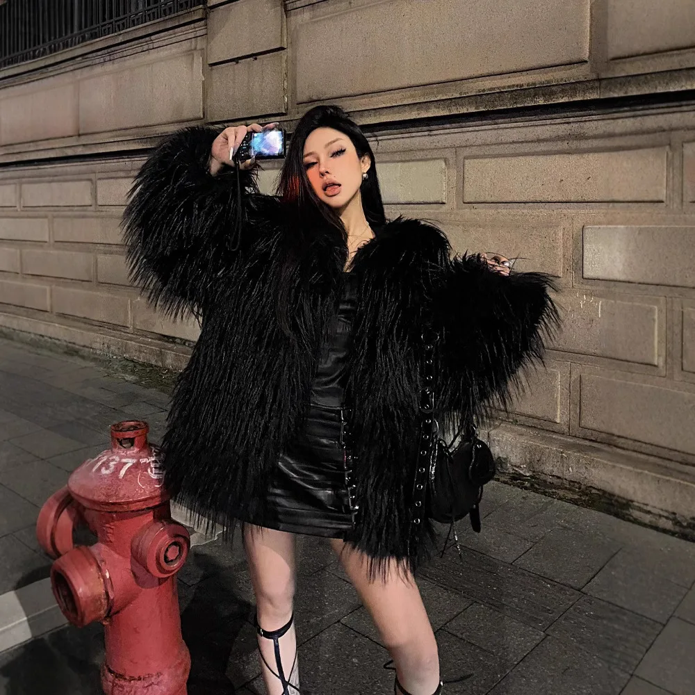 

Women Artificial Fur Jacket Coat Round Neck Lady Faux Fox Fur Coat Comfortable Long Hair Female Fluffy Jacket Black 2025 Winter