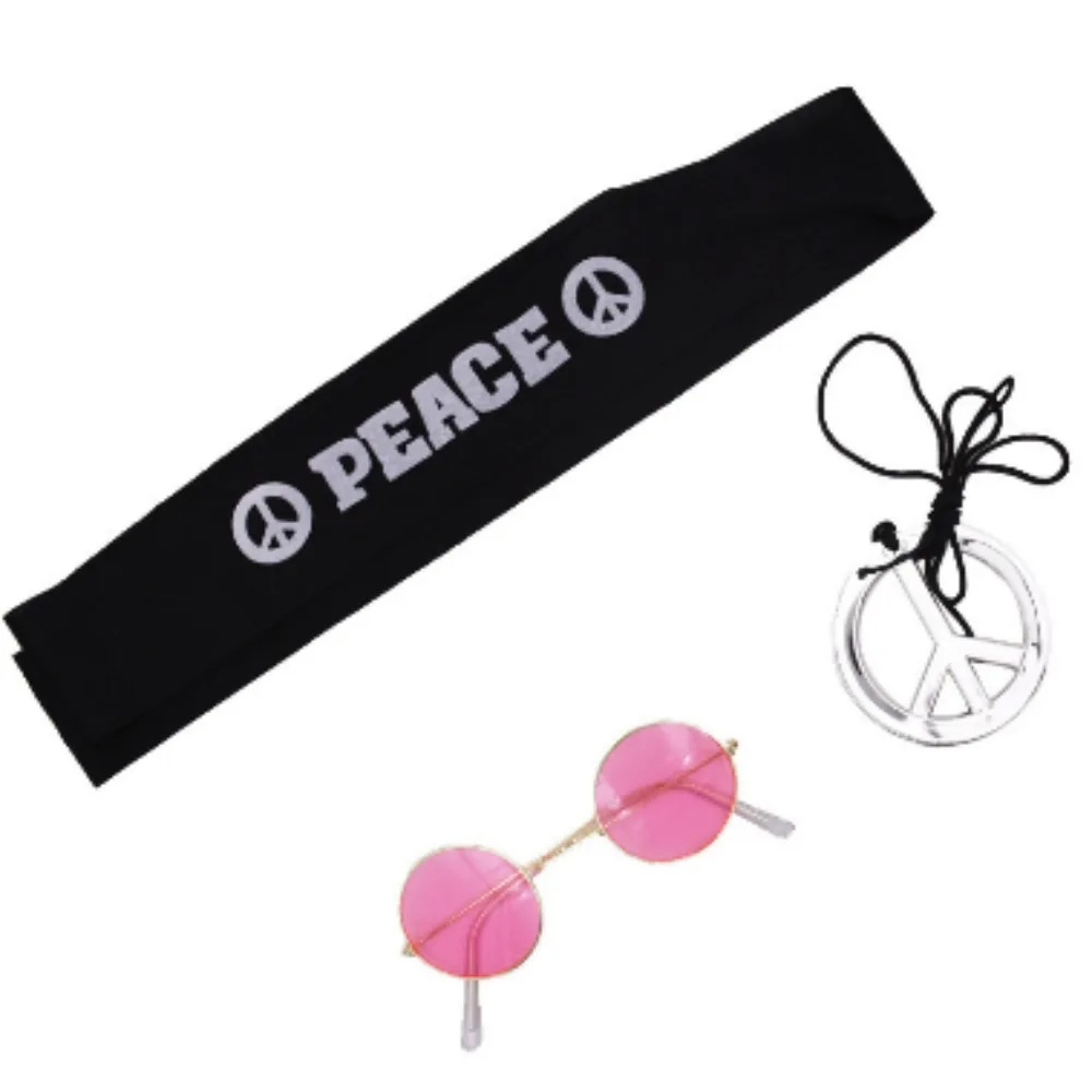 

60's Peace Hippie 3-Piece Pink Glasses Hippie Headband Peace Symbol Necklace