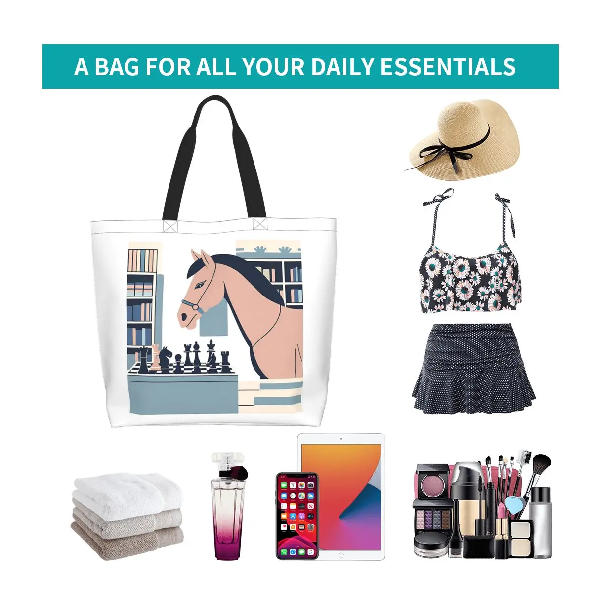 Chess and Horse Shopping Tote Bag Canvas Large Capacity Shoulder Bags Shopper Grocery Handbag for Women
