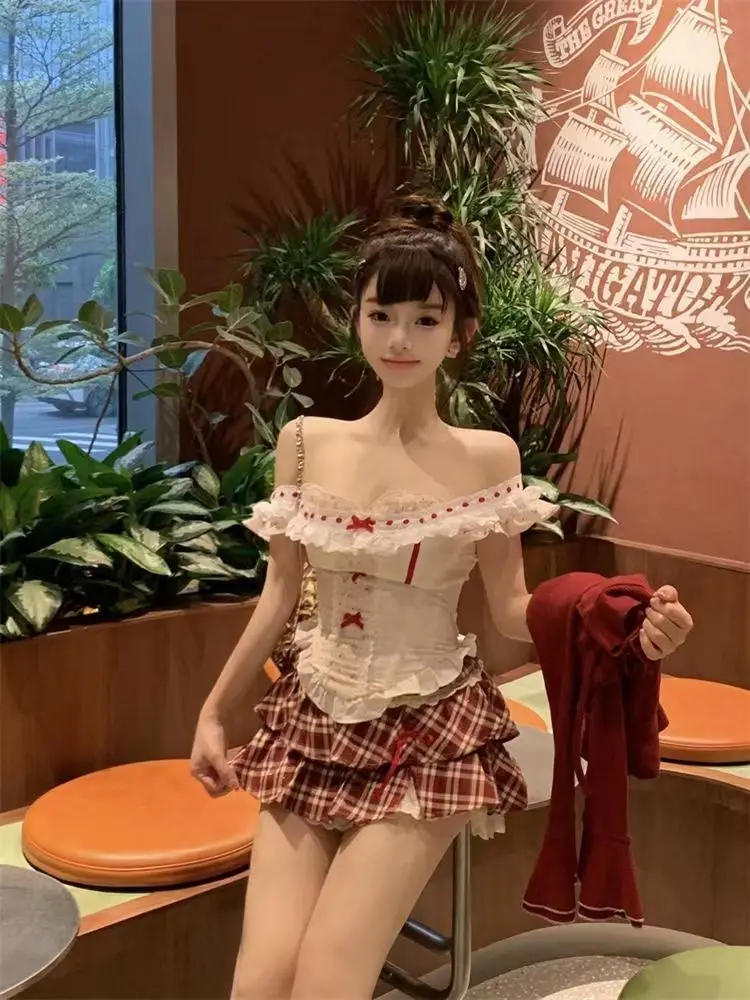 2024 Sweet Retro 3 Piece Outwear Suit Women Kawaii Vest Ruffles Cardigan + Slim Y2k Skirts Fashion Chic Lolita Evening Party Set