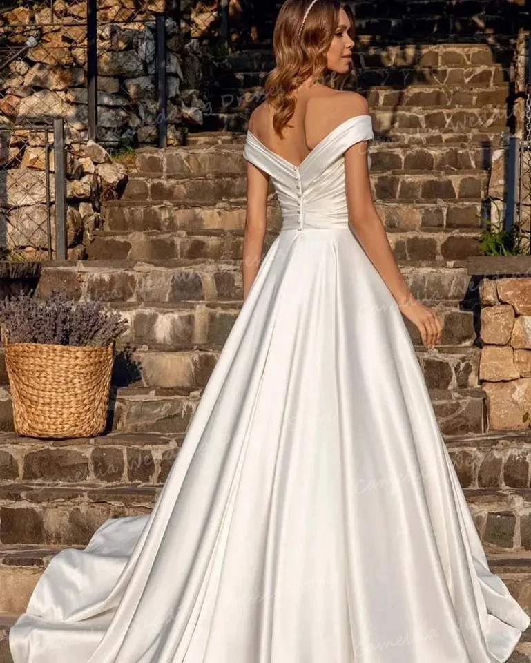 Classic Pleat Satin Wedding Dresses  A Line Sexy V Neck Sleeveless Backless Women's Bridal Gowns Elegant Sweep Train Vestidos