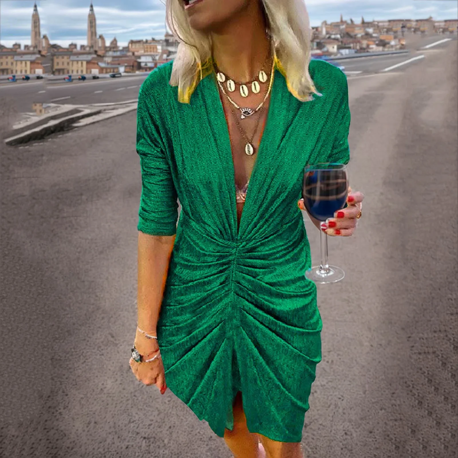 2024 sexy tiefe V-Ausschnitt drapiert Seide Party kleid Frauen neue elegante schlanke Schlitz Mini kleid Frühling Herbst lässig solide figur betonte Kleider