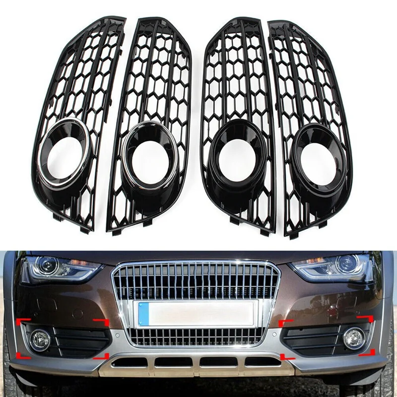 Car Fog Light Open Vent Grill Intake Cover Grille Parts Accessories 8K0807681J For  A4 B8 Allroad 2010-2015 (Black & Silver)