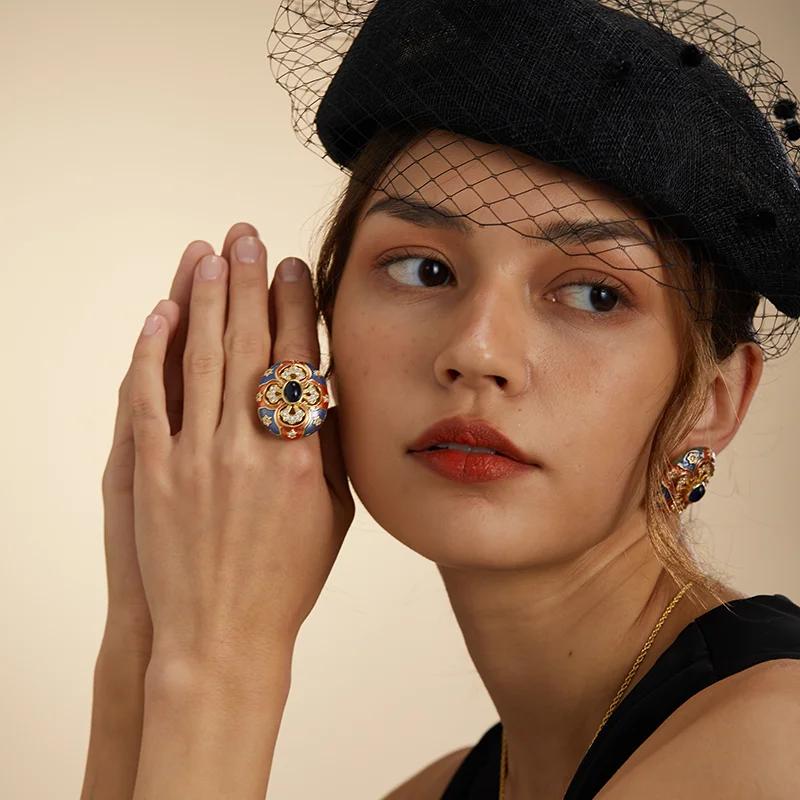 Vintage Enamel Adjustable Ring 18K Gold Plated Floral Gemstone Women\'s Luxury Dinner Jewelry