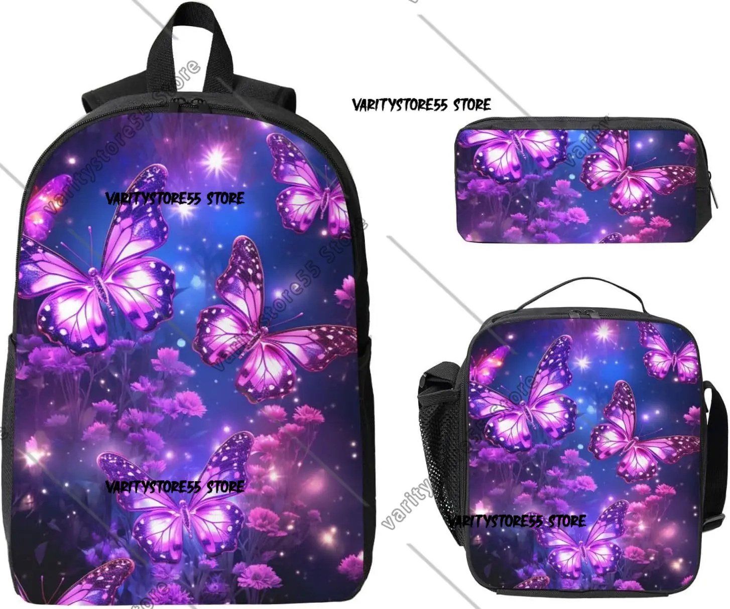 3PCS Purple Cute Butterfly Print Backpack Set with Insulated Lunch Box Pencil Pouch  Bags Shoulder Lunch Bag and Pencil