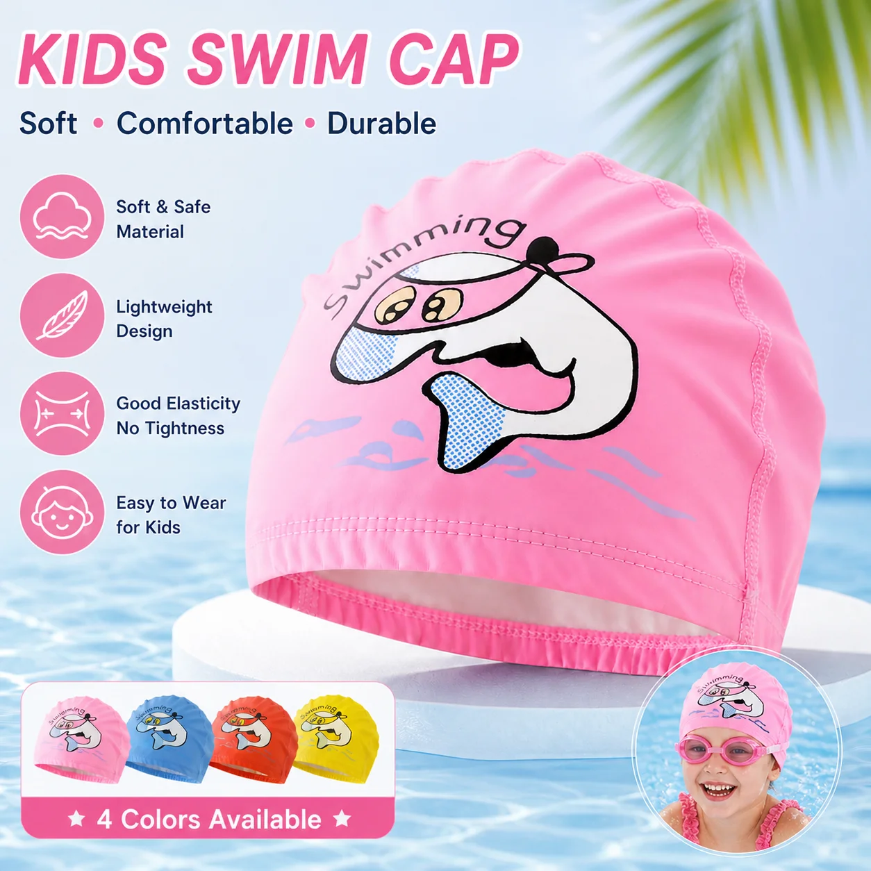 Kinder-Badekappe, wasserdicht, bequem, dehnbar, kein Ziehen, Haarschutz für Jungen und Mädchen, PU-Stoff, Cartoon-Strand-Badekappe