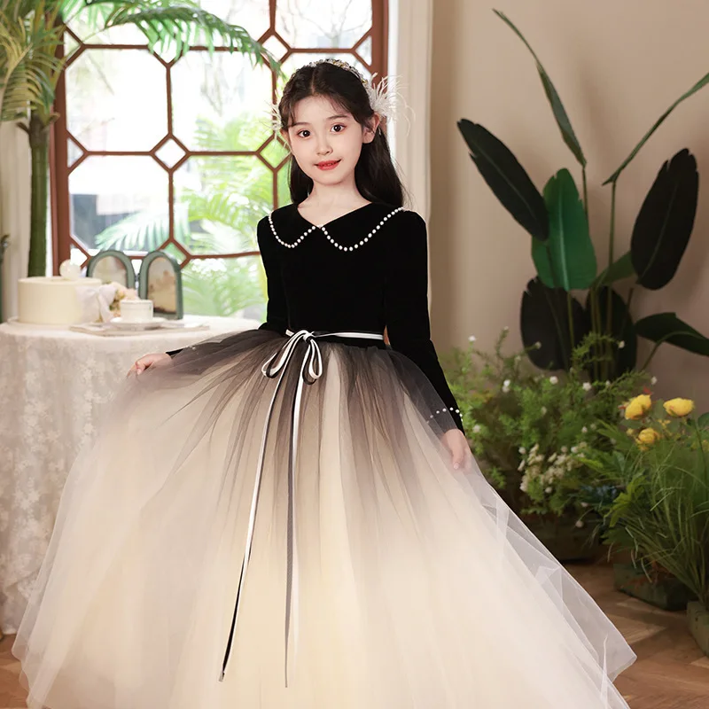 

Children Girls Formal Princess Black Dress Birthday Tutu Kids Piano Performance Pageant Party Outfit Gown French Style Costume