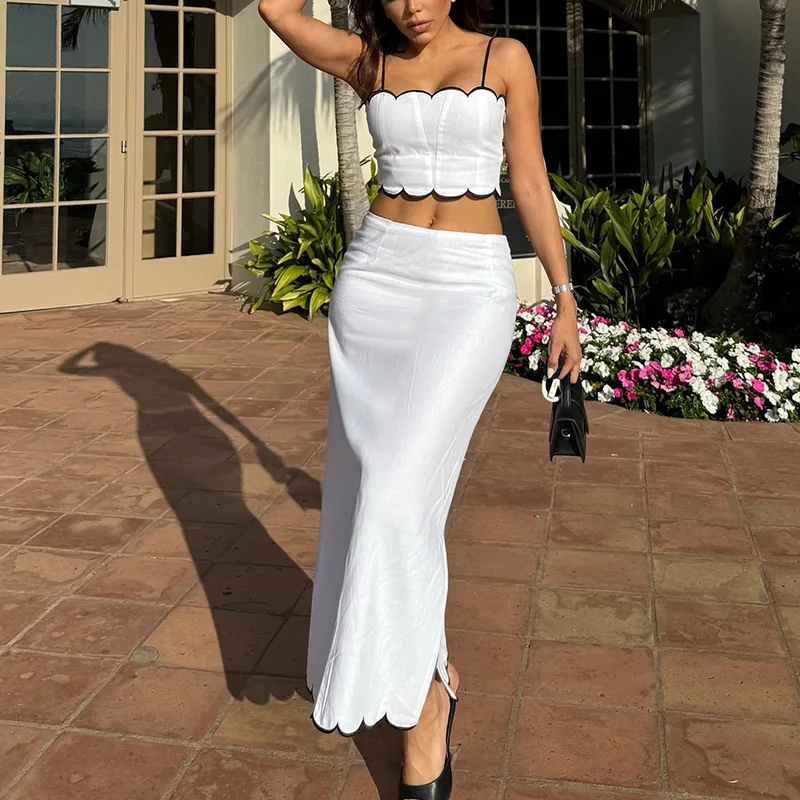 

Summer Sleeveless Halter Crop Tops And Skirts Sets Lady Elegant French Style Half Skirts Outfit Sexy Slim Commute Two Piece Sets
