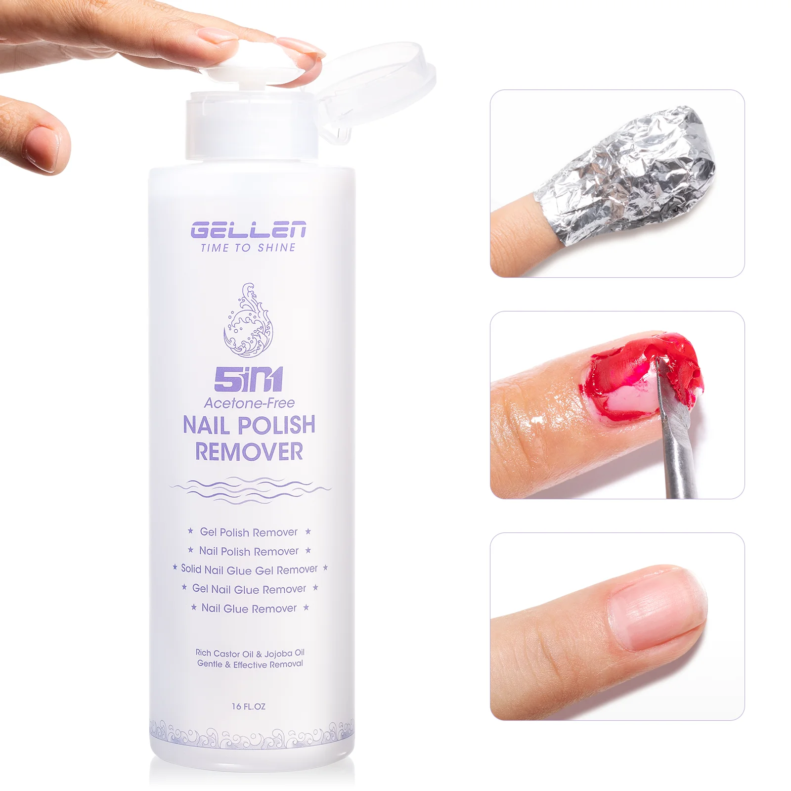

GELLEN Nail Polish Remover 16 Fl Oz Non Acetone Pump Bottle Gel Nail Soak Off Remover Kit Vegan Cruelty Free Gentle Nail Care