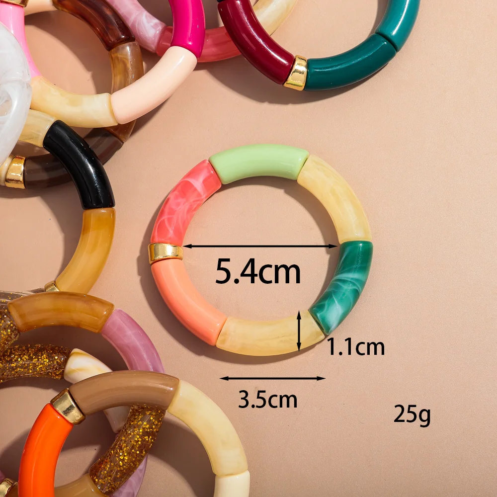 New Big Bamboo Tube Acrylic Stack Bracelet for Women Men Vintage Colorful Resin Chunky Elbow Bead Elastic Bangle Couple Jewelry