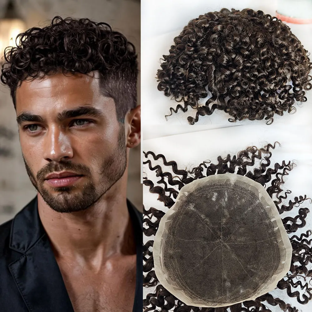 Swiss Lace Small Curl Wigs System 8x10 Inch Men's Human Hair Toupee Dark Brown Natural Hairline with Bleached Knots for Men