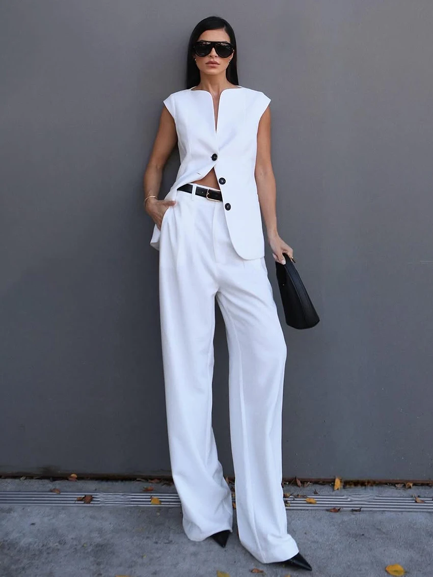 Marthaqiqi Summer Female Pajama Suit Sexy V-Neck Sleepwear Sleeveless Nightgown Wide Leg Pants White Fashion Women Nightwear Set