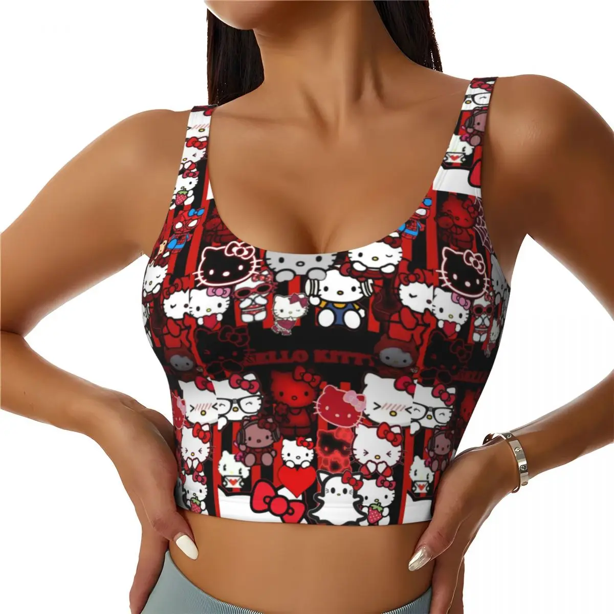 

Custom Hello Kitty Cat Anime Workout Crop Tank Tops for Women Yoga Sports Bras