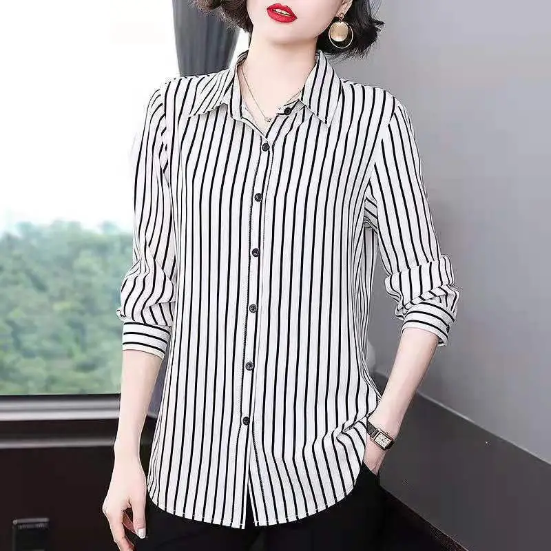 2022 Women\'s Clothing Fashion All-match Striped Button Blouses Spring Turn-down Collar Casual Commute Thin Long Sleeve Shirt