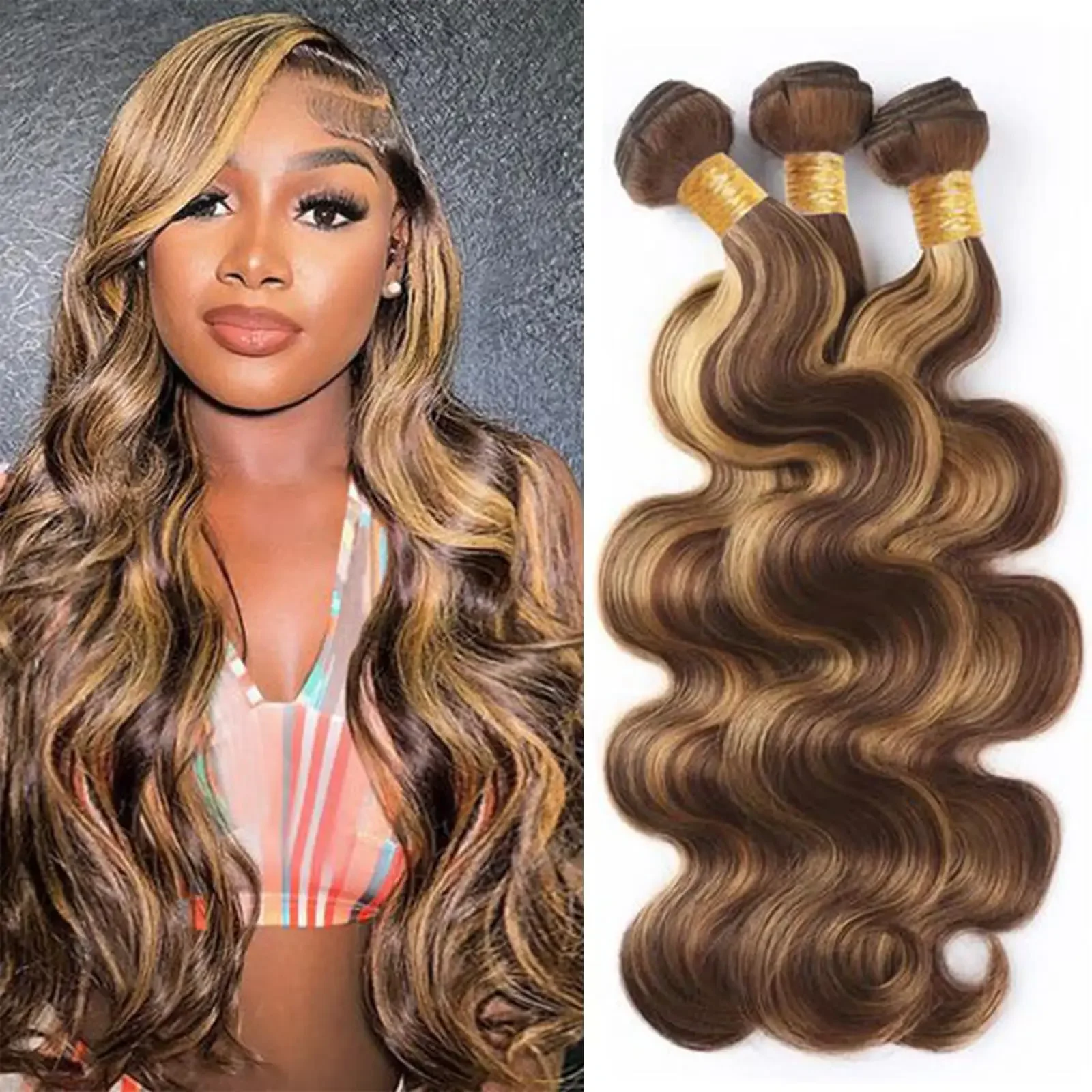 30 32 Inch Highlight Body Wave Bundle 100% Human Hair Bundle P4/27 Honey Brown Brazilian Hair Bundles 1 3 4 Remy Hair Bundle