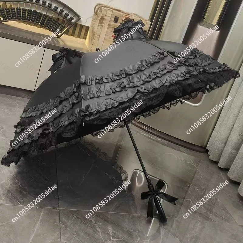New Black Lace Lolita Style Sun Umbrella Princess Parasol for Women Portable Folding UV Protection Rain Umbrella
