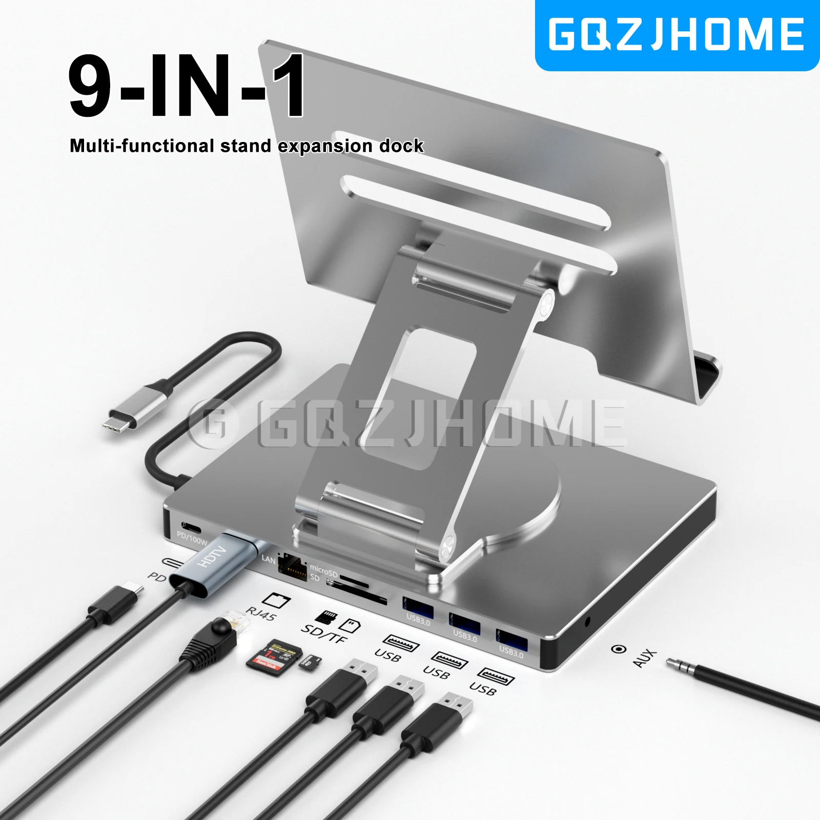 Aluminum ipad Holder 9 in 1 docking C hub 4K 60Hz Type C Adapter USB3.0 5Gbps 100W PD Charger For Laptop desktop