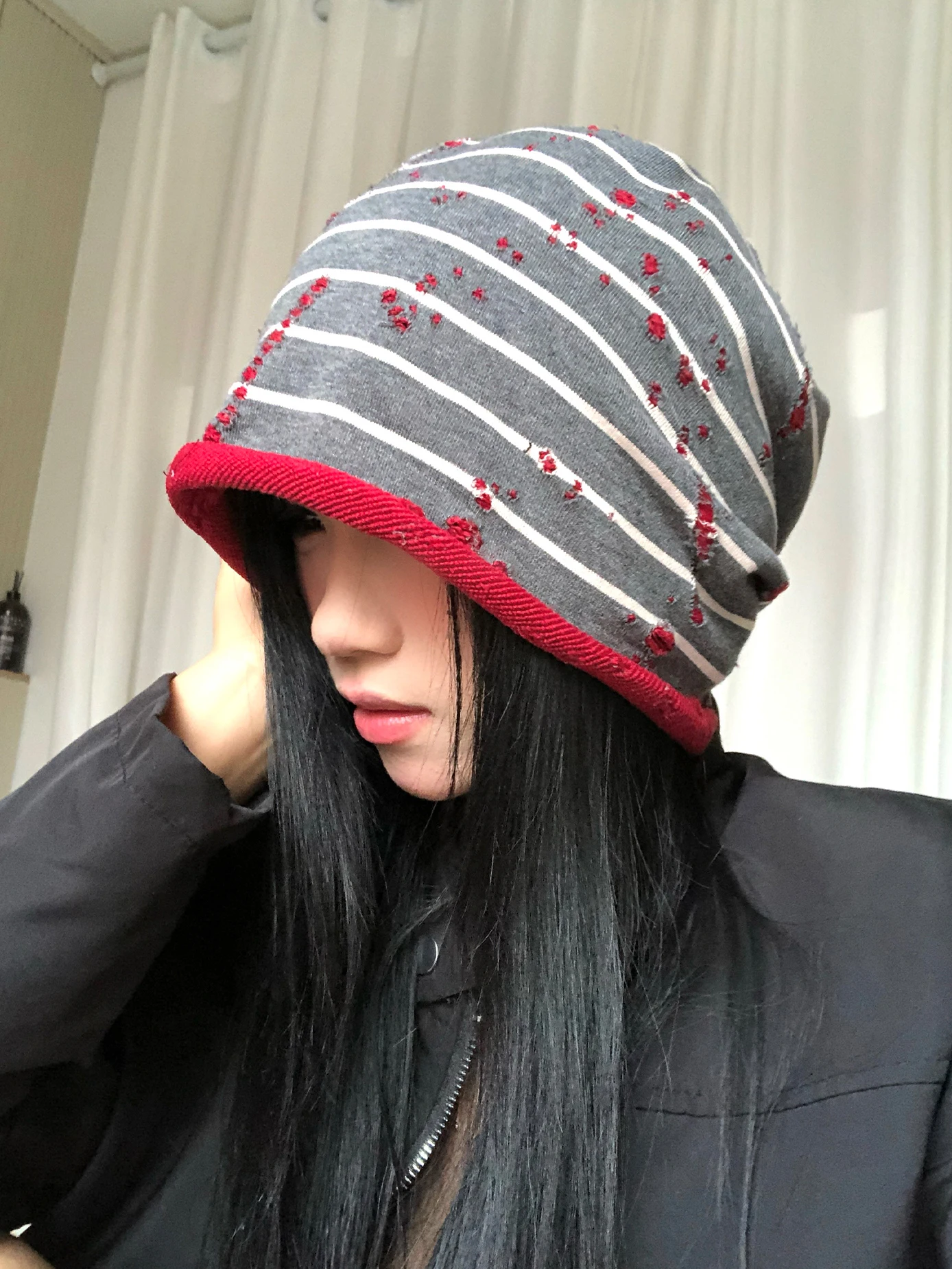 Casual Stripe Hole Punch Cap Women's Thin Loose Cold Hat Fashion Face Slimming Bucket Hat Spring Summer Youth Daily Wear