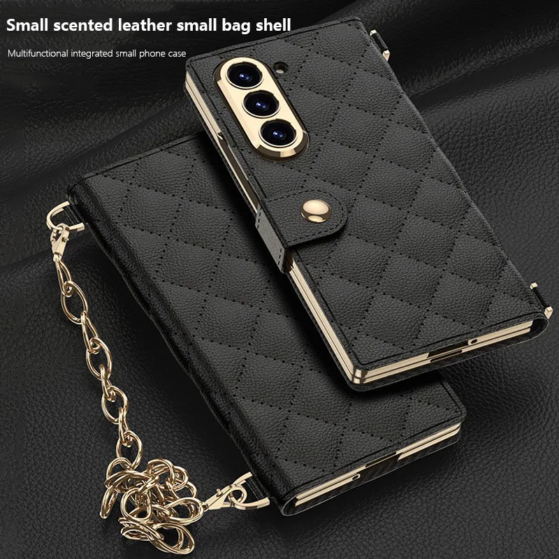 

For Samsung Galaxy Z Fold 7 6 Fold7 Fold6 5G Wallets Card Slot Backpack Cover Fashion Diamond Leather Strap Chain Case
