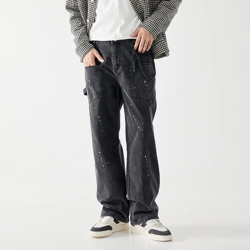 

Fall Winter Paint Splatter Denim Jeans Men Straight Loose Wide Leg Pants American Sle Trendy Brand High End Feeling Trousers
