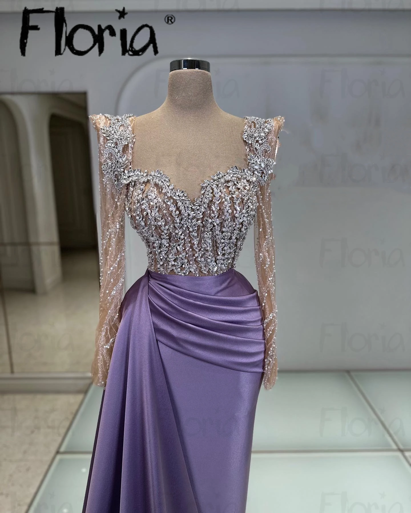 Floria Lilac Shiny Satin Evening Dress Long Sleeve Heavy Handmade Crystals Top Party Gowns Women Wedding Reception Dinner Gowns