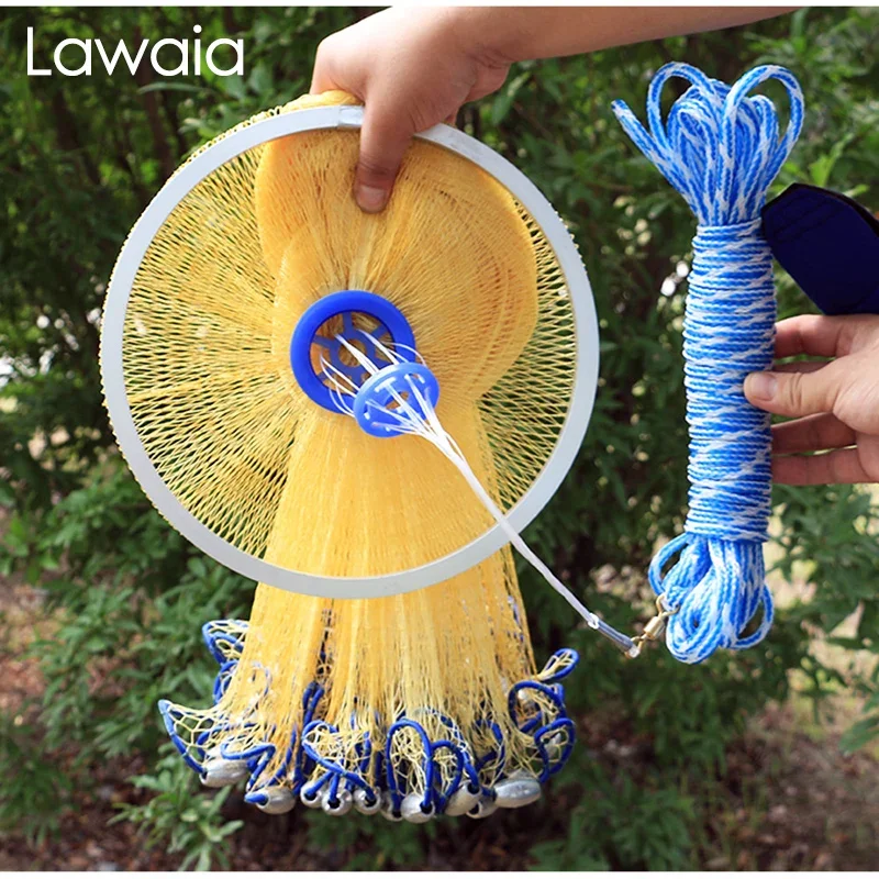 Lawaia Cast Net Fishing Yellow Nylon Braided Wire Aluminum Ring Hand Thrown Network with Iron Pendant Diameter 2.4M 4.2M